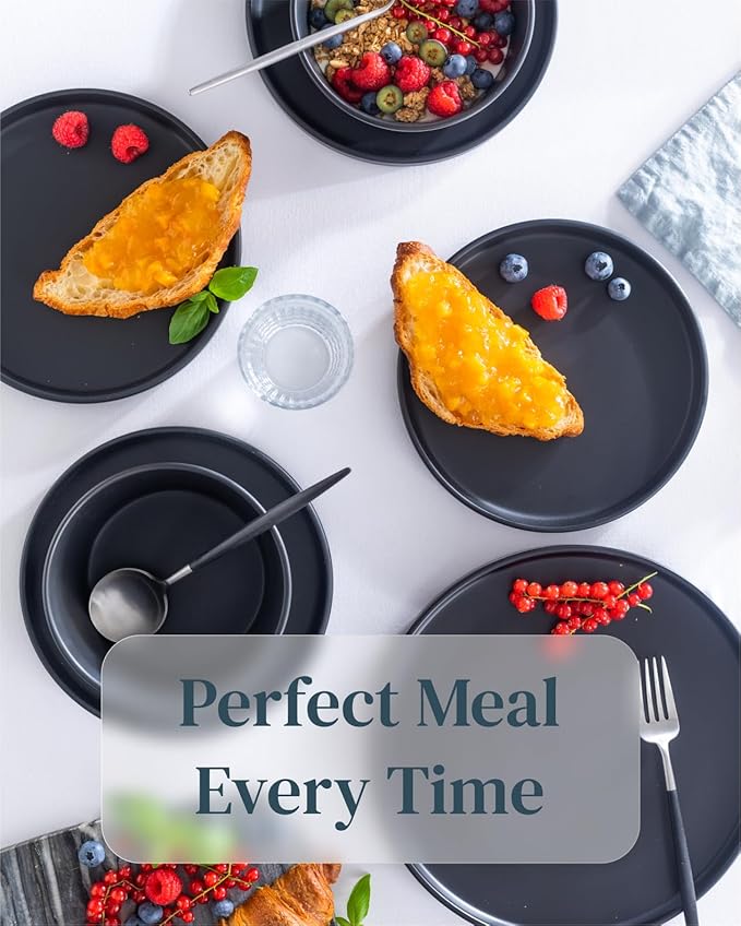 Stoneware dinnerware set 8 persons 24 pcs ??Ultra chic matte black plates and bowls set ??Dishwasher and microwave safe ??Bowl and plate set ??Dinner service Pure Living