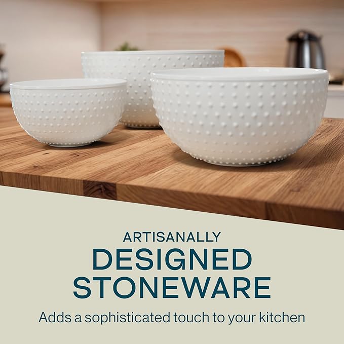 Gibson Elite 3-Piece Stoneware Mixing Bowl Set, 6.8", 8", 9.8" - Modern Stoneware Dishware, Dishwasher Safe & Microwave Safe - Space-Saving & Stackable Bowl Set for Cooking, Baking, Serving (White)
