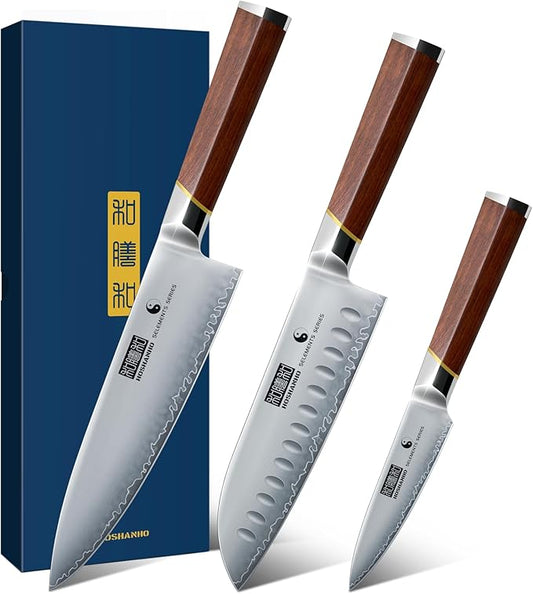 HOSHANHO 3 Pieces Knife Set, Ultra-Sharp Japanese Super Steel Kithen Knives Set, Professional Chef Knife Set with Ergonomic Wooden Handle & Gift Box
