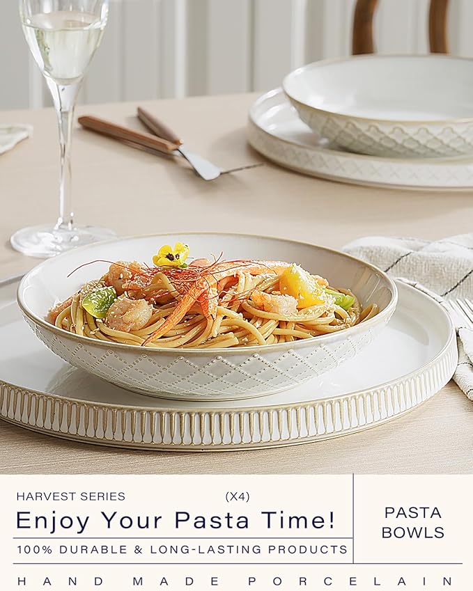 getstar Pasta Bowls, Large Salad Serving Bowls (7.6 inch & 22 oz), Ceramic Bowl Plates Set of 4, Farmhouse Embossments, Microwave and Dishwasher Safe