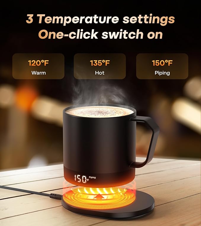 Heated Coffee Mug Rechargeable - Temperature Control Self Heating Coffee Mug 14oz with Lid, Double Sided & Real-Time LED Display, Hot up to 150?? Birthday Gifts for Women and Men(Black)
