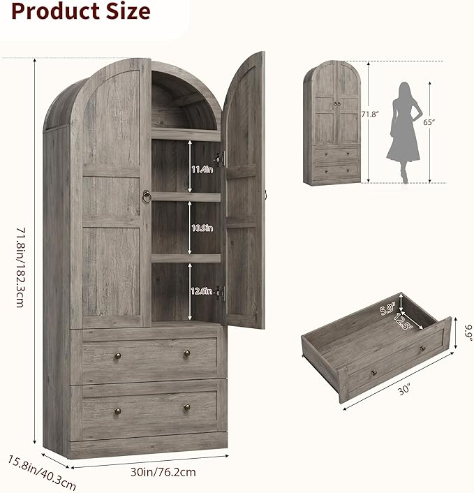 CABIHOME 72" Tall Arched Kitchen Pantry Cabinet, Freestanding Farmhouse Storage Cupboard with Doors, Drawers & Shelves, Versatile Wooden Organizer for Dining Room, Living Room, Rustic Gray