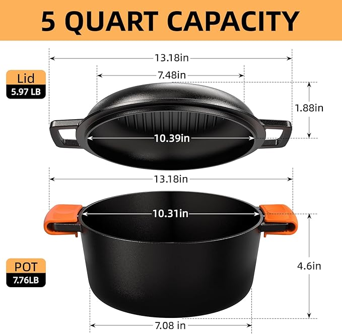 Cast Iron Dutch Oven Pot with Skillet Lid ??Pre-Seasoned ??Skillet Lid Cooking Pan??PFAS-Free ?밬mite Chef Cast Iron Skillet Cookware for Bread, Frying, Baking ??Dual Handles ??Oven, Grill, Campfire & Stovetop Safe ??Durable & Non-Toxic, 5QT