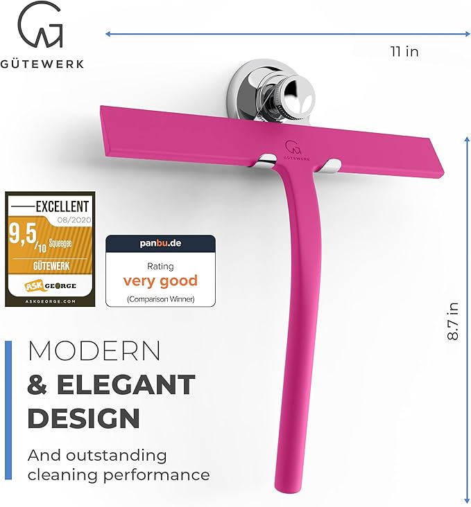 G횥TEWERK Shower Squeegee for Glass Doors, Silicone Window Squeegee, Bathroom and Glass Cleaning - Pink - 11 Inch