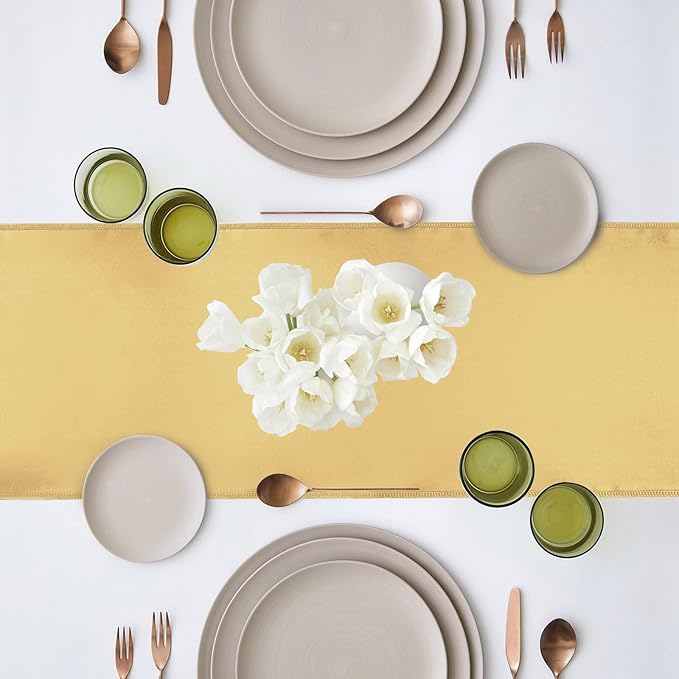 Yblut 10 Pack Satin Table Runner 12 x 108 Inch Long Light Gold Silk Table Runner for Wedding Party Banquet Birthday Decoration