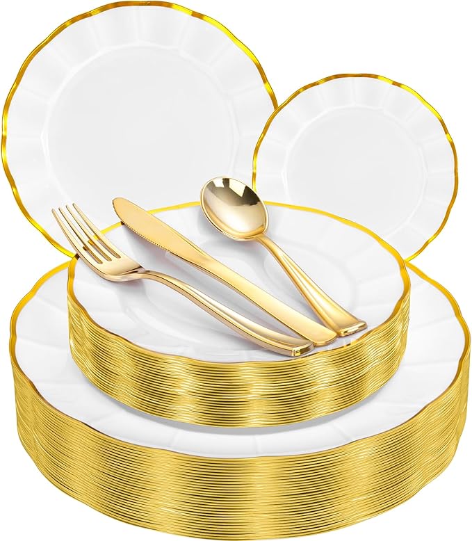 EI 150pcs White Plastic Plates with Gold Plastic Silverware,Disposable Plate Heavy Duty,White Dinnerware Set,Elegant Plates for Party,Wedding,Afternoon Tea,Spring,Valentine's Day