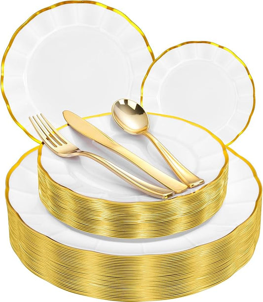 EI 150pcs White Plastic Plates with Gold Plastic Silverware,Disposable Plate Heavy Duty,White Dinnerware Set,Elegant Plates for Party,Wedding,Afternoon Tea,Spring,Valentine's Day