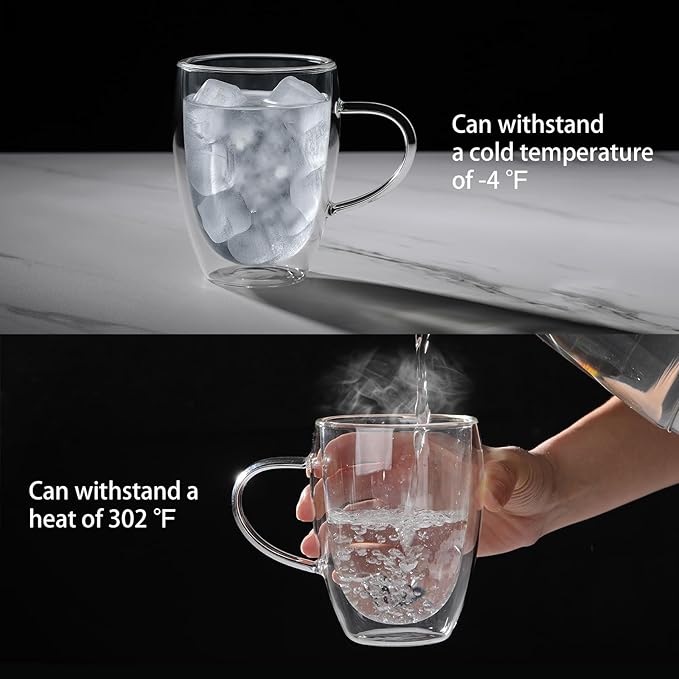 Aurzen Double Wall Glass Coffee Mug, 12oz Clear Latte Mug with Handles, Clear Cups for Tea, Beverages,Expresso, Juice, Milk Microwave Safe Set of 4