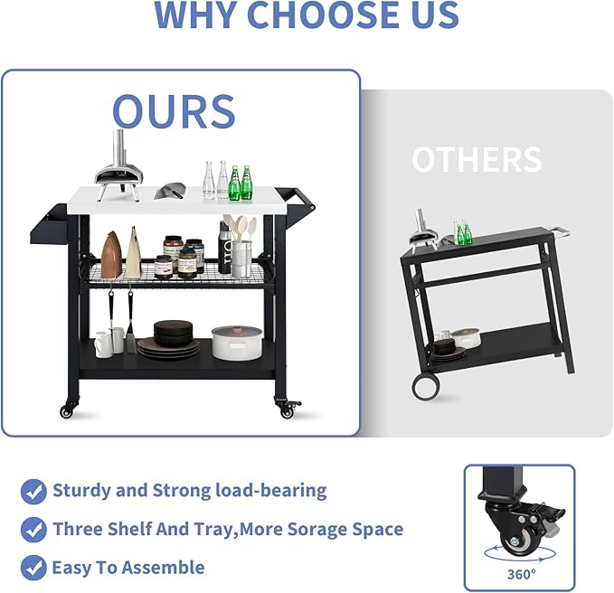 Polar Aurora Three-Shelf Movable Outdoor Grill Cart Pizza Oven Stand, Multifunctional Kitchen Food Prep Table with Drawer, Stainless Steel Desktop Dining Worktable on 4 Wheels & Seasoning Tray