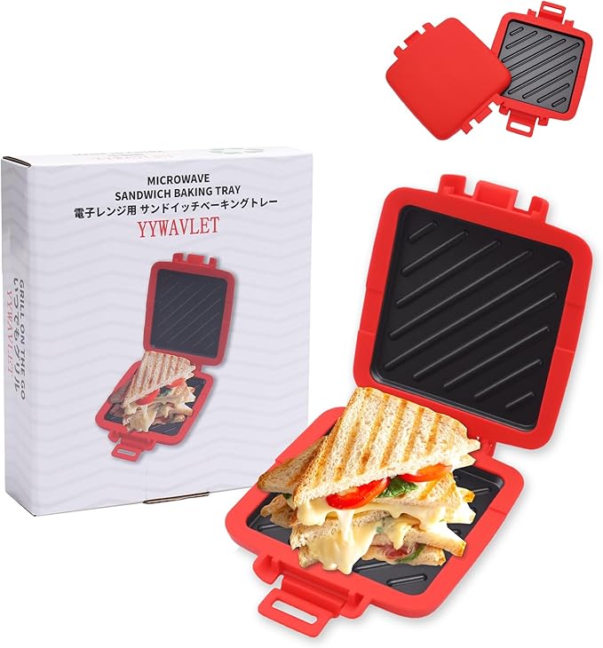 Microwave Sandwich Maker, Heat-Resistant Silicone Rubber Shell, Advanced HeatWave Technology, Non-Stick Plates, Easy to Clean, Makes Toast, Sandwiches, Paninis, Patties (Red)