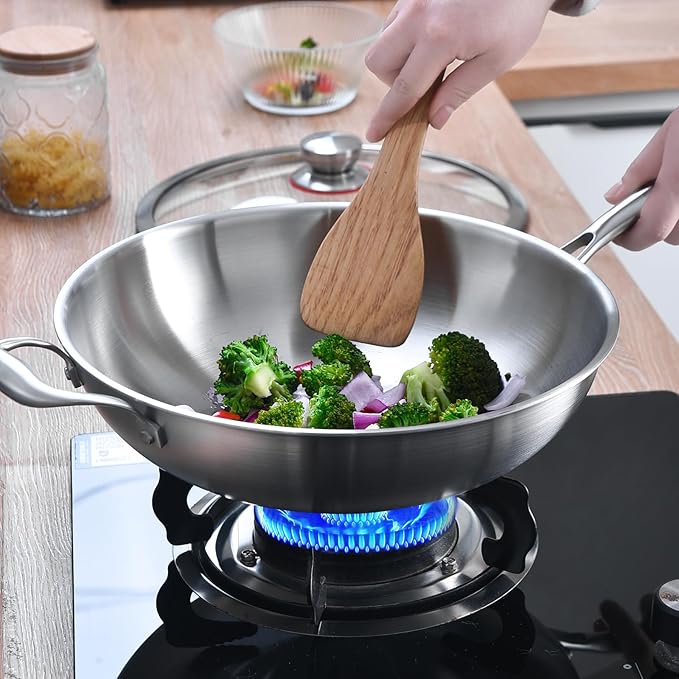 LOLYKITCH Tri-Ply 13 Inch Stainless Steel Wok Pan with Lid, Stir-Frying Pan,Induction Cooking Pan,Dishwasher and Oven Safe,Heavy Duty and Detachable handle.