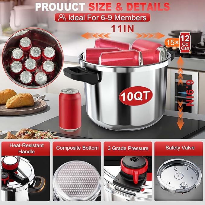 18/8 Stainless Steel Pressure Cooker 10 Quart, [One-Hand Locking] Pressure Cooker, [3-In-1] Olla de Presion, Induction Compatible, Gas Stovetop Compatible,Steamer Rack & Includes Glass Lid