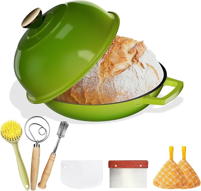 Cast Iron Bread Baking Dutch Oven - Enameled Cast Iron Oven Pot with Dome Lid,5QT Bread Baker for Perfect Crust,Oven Safe to 500째F,Sage Green