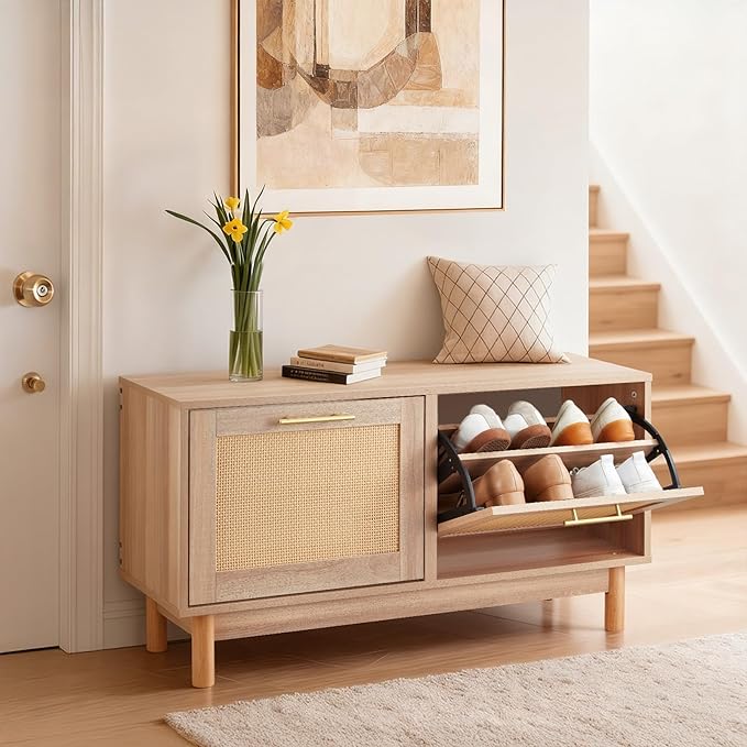 VEVOR Rattan Shoe Storage Bench, Entryway Bench with 2 Flip Drawers, Holds up to 300 lbs with 4 Compartments and 2 Rattan Doors, 39.4 x 11.8 x 20.9 Inches for Hallway, Living Room, Bedroom