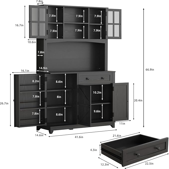 68" Pantry Cabinet with Charging Station, Kitchen Pantry Storage Cabinet with Microwave Stand, Kitchen Hutch Cabinet with Storage Drawers, Food Pantry Cabinets with Countertop for Dining Room(Black)