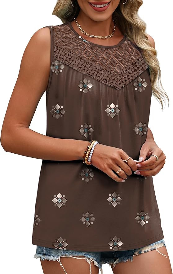XIEERDUO Womens Tank Tops Sleeveless Lace Crochet Boho Tops Loose Fit Pleated Tunics Crewneck Summer Vacation Outfits Flowy