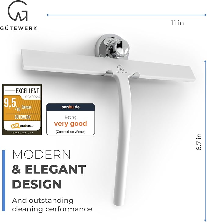 G횥TEWERK Shower Squeegee for Glass Doors, Silicone Window Squeegee, Bathroom and Glass Cleaning - White - 11 Inch