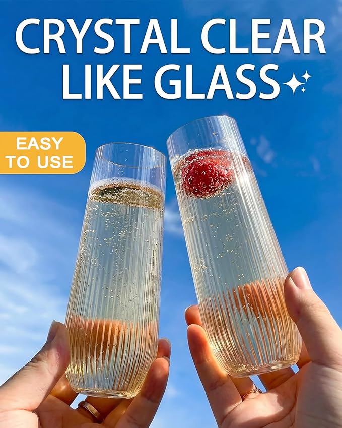 24 Pcak Ribbed Champagne Flutes Plastic, 9 Oz Disposable Stemless Mimosa Toasting Glasses, Clear Crystal Plastic Cocktail Cups for Party Wedding Birthday (Origami Ripple)
