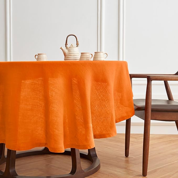 Solino Home Linen 60 Inch Round Tablecloth - 100% Pure Linen Pumpkin Round Tablecloth - Machine Washable Table Cloth - Sonoma