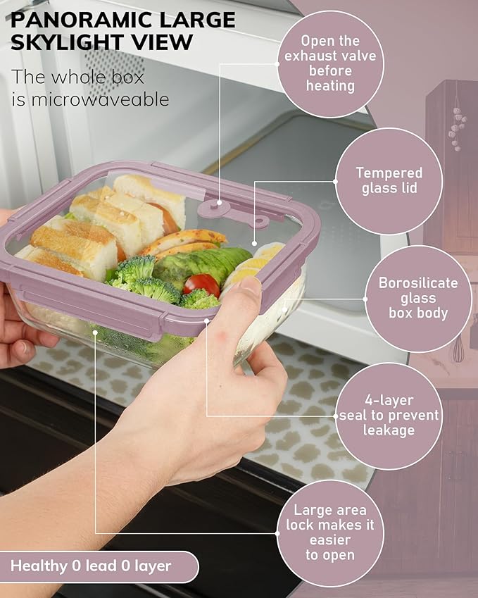 2-Pack Glass Food Storage Containers with Tempered Lids (21.3oz/2.7cup) - Airtight Snap Lock, Microwave & Oven Safe (-4?? 950째F), Freezer to Baking Dish, BPA-Free, Gift Box (Pink)