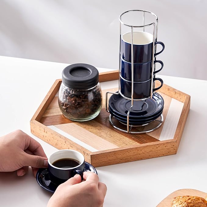2.5oz Espresso Cups Set of 4, Small Stackable Coffee Cups with Saucers and Metal Stand, Ceramic Demitasse Cups, Cappuccino Cups for Coffee Drinks, Latte, Blue