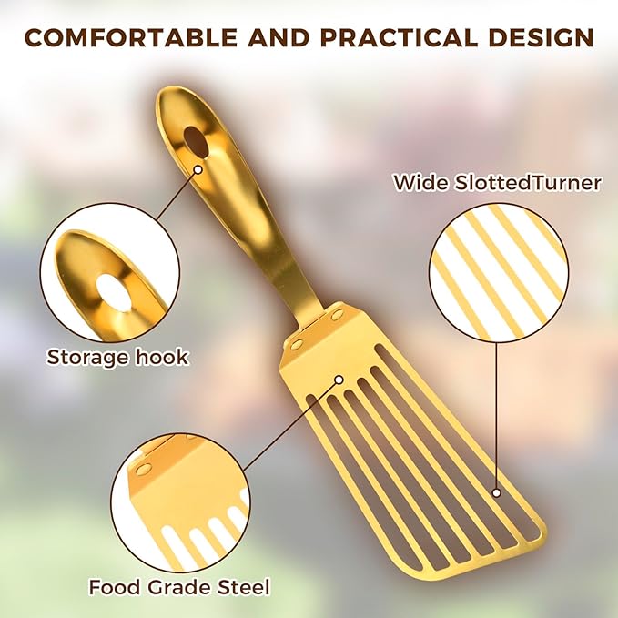 Snailhouse Slotted Spatula, Stainless Steel Metal High Heat Cooking Fish Turner Spatula for Kitchen Use Flipping, Turning, Frying, Gold