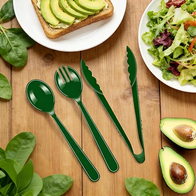 Reusable Serving Utensils Set 24 Pcs - 8 Heavy Duty Plastic Tongs, 8 Spoons & 8 Forks | Dishwasher Safe Buffet & Party Supplies for Wedding, Catering, Holidays