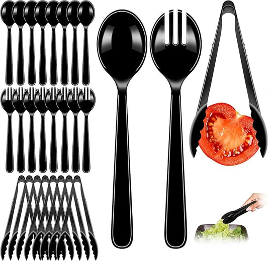 Reusable Serving Utensils Set 24 Pcs - 8 Heavy Duty Plastic Tongs, 8 Spoons & 8 Forks | Dishwasher Safe Buffet & Party Supplies for Wedding, Catering, Holidays