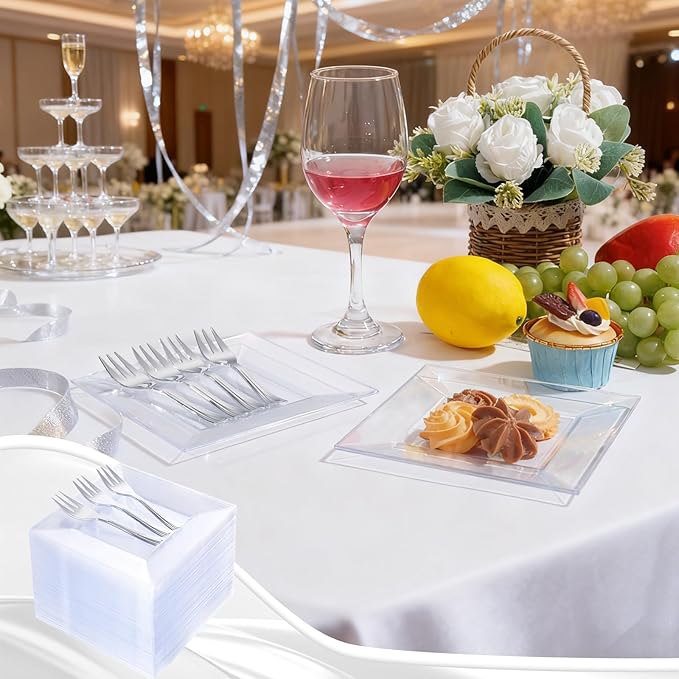 supernal 200pcs Clear Dessert Plates with Silver Dessert Fork, Clear Square Plates, Appetizer Plates,Silver Plastic Silverware, Perfect Choice for Wedding and Party
