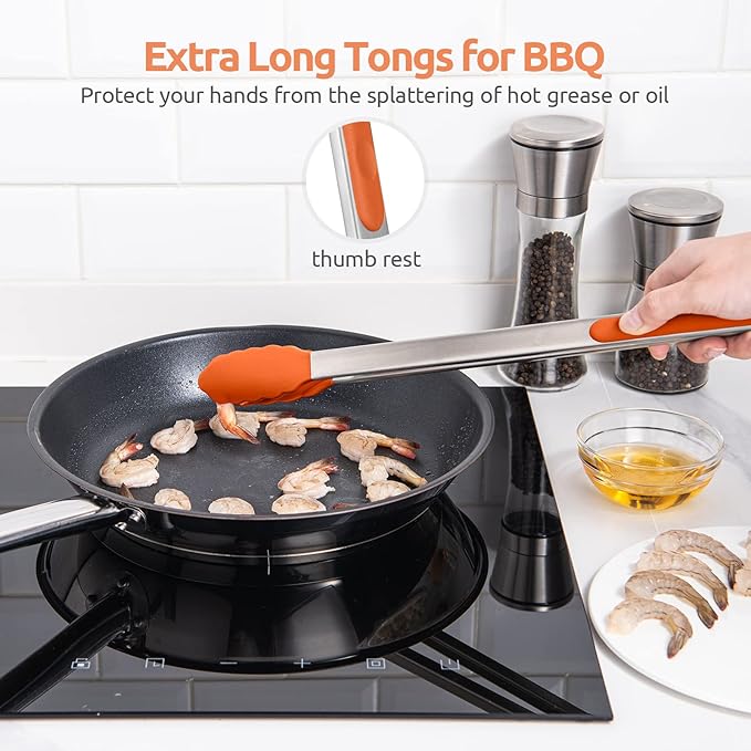 600쨘F Heat Resistant Kitchen Tongs: U-Taste 16 inch Extra Long Large Silicone Cooking Tong with Sturdy Non Stick Rubber Tips & Non Slip Silicon Coated 18/8 Stainless Steel Handle for Grill BBQ(Orange)