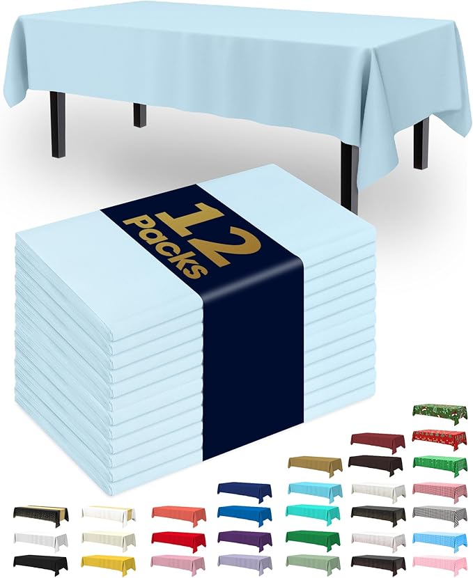 Pureegg Plastic Table Cloth Disposable 12 Pack, 54 x 108 Inch Table Cloths, Easter Party, Picnic, Wedding, Decorative Tablecloths, Rectangle, Baby Blue Plastic Cover, Leakproof & Sturdy, Light Blue