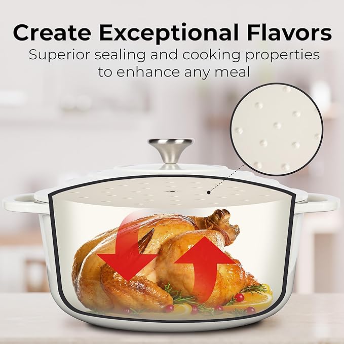Zulay Kitchen 6 Quart Enameled Cast Iron Dutch Oven Pot with Lid ??Premium Durability & Oven Safe up to 500째F ??Heavy Duty Cookware Perfect for Bread Baking, Stews, Braising & Roasting ??White