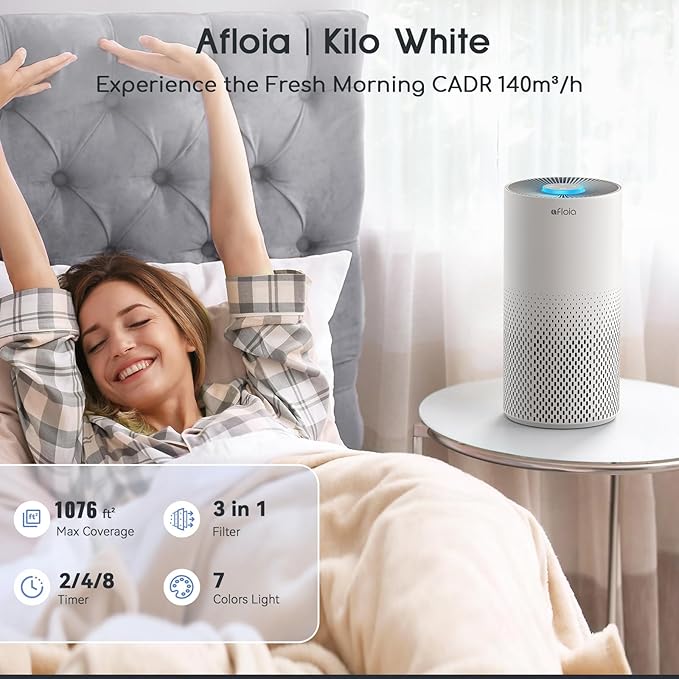 Afloia Air Purifiers for Home Bedroom Large Room Up to 1076 Ft짼, 3-Stage Filter Cleaner Odor Eliminator, Remove Pets Dust Dander Hair Allergy Mold Pollen Smoke Smell, Quiet 22 dB, 7 Colors Night Light