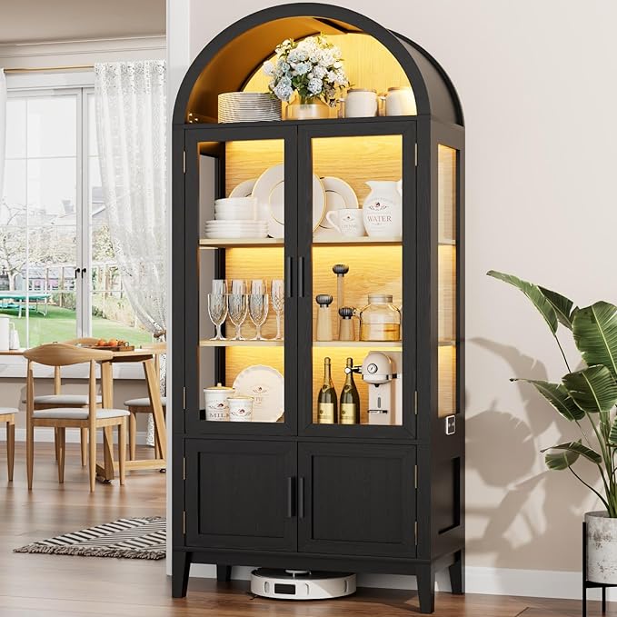 71" Kitchen Pantry Cabinet, Arched Bookcase China Pantry Storage Cabinet with Glass Doors and Shelves, Human Body Sensor, Versatile Cupboard for Kitchen, Living Room, Dining Room (Black)