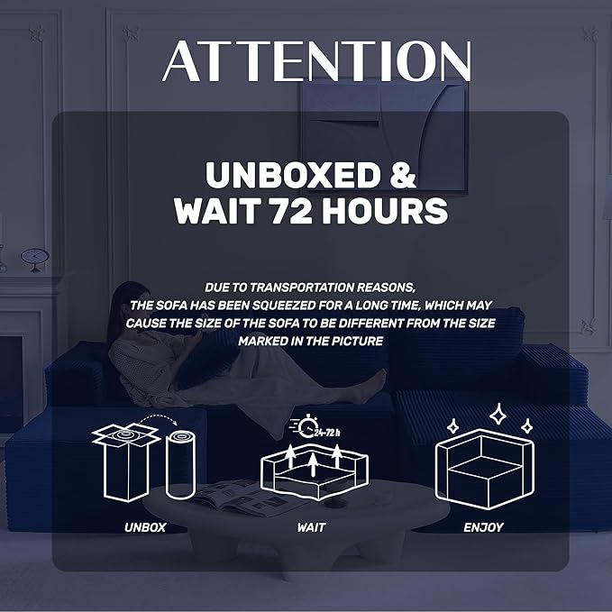 138" Boneless Couch with Deep Seat, Modular Sectional Sofa, Cloud Sectional Couch for Living Room, No Assembly Required, Corduroy, U-Shape 4 Seater Right, Blue