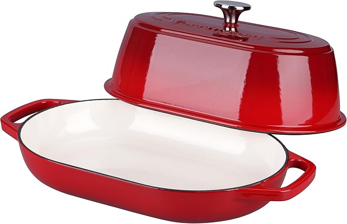 Enameled Cast Iron Dutch Oven Pot with Dome Lid, Oval Bread Oven for Homemade Sourdough Bread Baking, Oven Safe up to 500째F, 6 Quart, Red