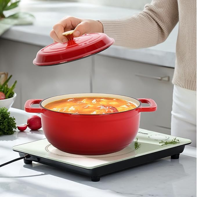 Bonnlo 5QT Round Dutch Oven, Enameled Cast Iron Dutch Oven Pot with Lid & Dual Handles, Oven Safe Up to 500째 F, for Sourdough, Bread Baking, Stews and Roasting, Red
