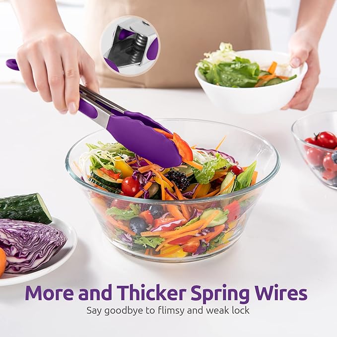 600쨘F Heat Resistant Kitchen Tongs: U-Taste 9 inch Silicone Cooking Tong with Firm Sealed Non Stick Rubber Tips & Silicon Coated 18/8 Stainless Steel Handle & Smooth Locking for Serving Grill (Purple)