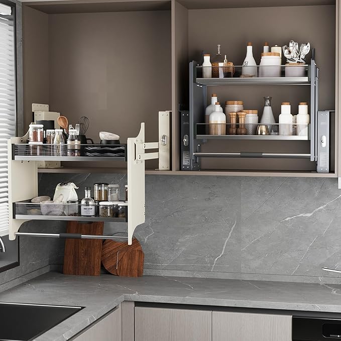Pull Down Heavy Duty Shelf Organizer for Kitchen Upper Cabinet, 2-Tier Pull Down Cabinet Organizer, Adjustable Width of 30-32 Inch, Grey