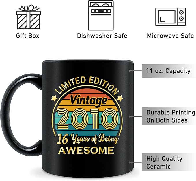 QUPT 16th Birthday Gifts for Girls Boys, 16th Birthday Gifts for Him, 2010 Birthday Gifts for Girls Boys, 16 Years Old Gifts, 2010 Birthday Gifts for Her Him, 16th Birthday Presents Coffee Mug