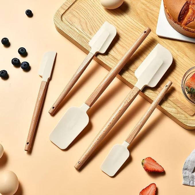 Non-Stick Rubber Spatula Set 5 Pieces - Food Grade Silicone Spatulas, Spoon Scraper, Jar Scraper, Flat Scraper for Baking Cooking Mixing Frosting - 600째F Heat Resistant (Cream White)
