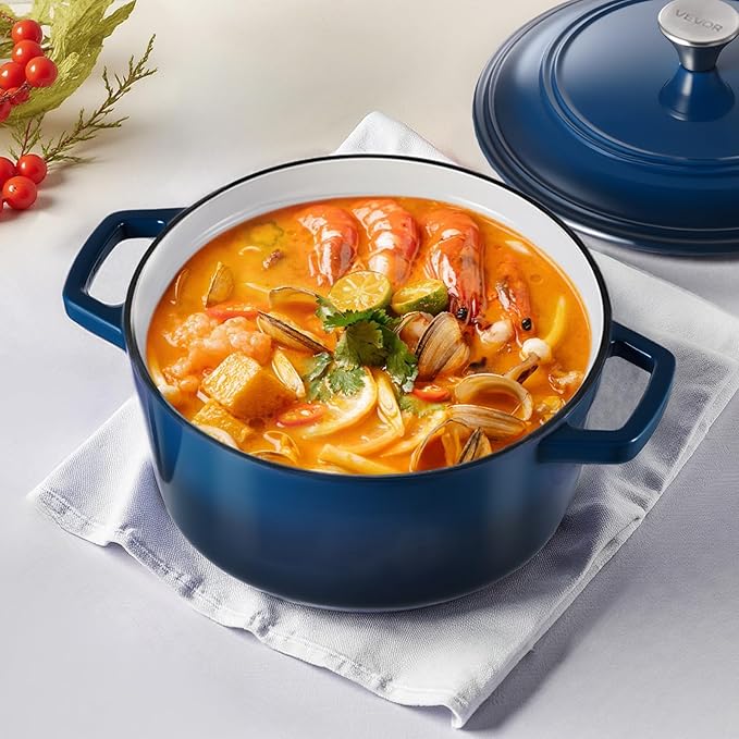 VEVOR Enameled Cast Iron Dutch Oven, 6 Quart Pot with Lid and Dual Handles, Heavy-Duty Durable Cookware Pan, Oven Induction Compatible up to 500?? for Braising, Stews, Roasting, Bread Baking, Blue