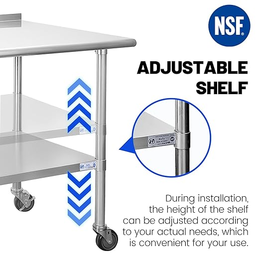 Hally Stainless Steel Table for Prep & Work 24 x 30 Inches with Caster Wheels, NSF Commercial Heavy Duty Table with Undershelf and Backsplash for Restaurant, Home and Hotel