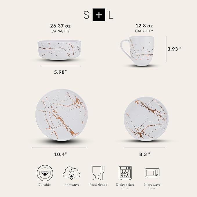 Stone Lain Porcelain 16 Piece Dinnerware set, 4 Full White Gold Splash Sets
