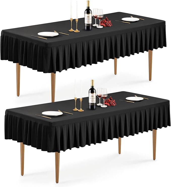Wish Care 2 Pack Black Spandex Table Clothes for 8 Foot Rectangle Tables Wrinkle Free Stretch Fitted Tablecloths 8ft Pleated Ruffle Elastic Table Cover Skirt for Dining Outdoor Home Party Tablecloth