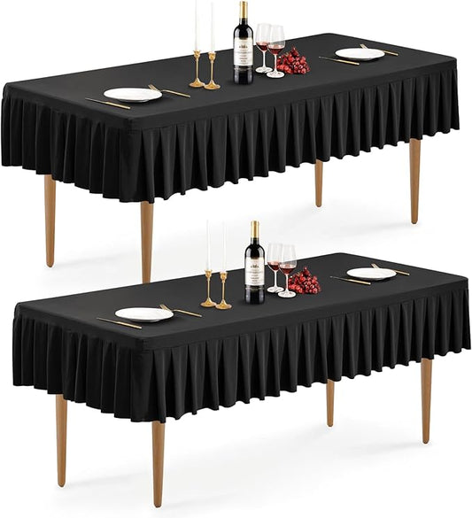 Wish Care 2 Pack Black Spandex Table Clothes for 8 Foot Rectangle Tables Wrinkle Free Stretch Fitted Tablecloths 8ft Pleated Ruffle Elastic Table Cover Skirt for Dining Outdoor Home Party Tablecloth