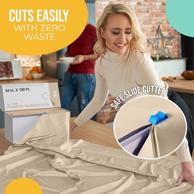 Party Solids 54 Inch X 100 Feet Ivory Plastic Table Cover Roll in A Cut - to - Size Box with Convenient Slide Cutter. Cuts Up to 12 Rectangle 8 Feet Plastic Disposable Tablecloths