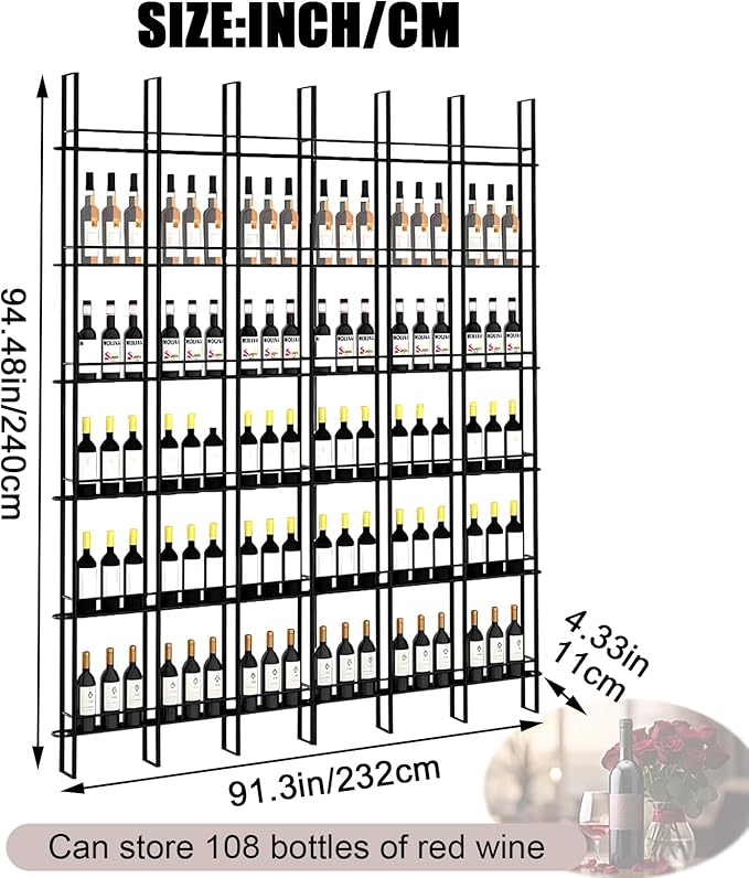 6 Columns Wine Rack Wall Mounted, 94.48in High Metal Wine Bottle Holder, Floor to Ceiling Wine Storage竊똗se as One or Three, DIY Display, for Restaurant, Bar, Cellar (Black, 6 Columns)