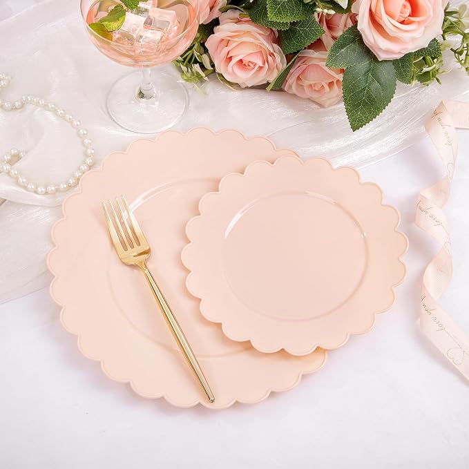 SUT 72-Count Pink Plastic Plates Disposable 10.25 Inch - Scalloped Edge Dinner Plates for Valentine?셲 Day, Parties, Birthdays, Weddings | Lightweight & Durable Disposable Dinnerware (72 Pack)