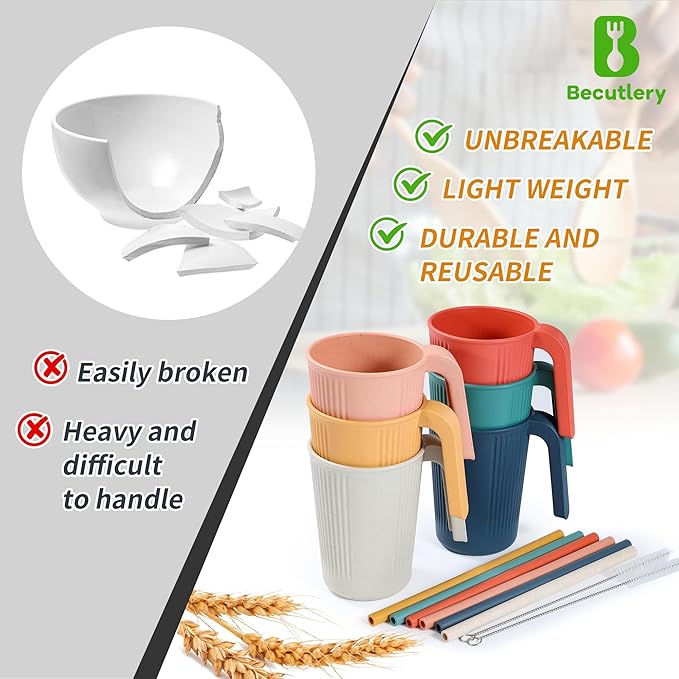 Wheat Straw Coffee Mugs 6-Pack??Unbreakable & Lightweight Cups, 12oz Stackable Cups with 6 Detachable Straws & 2 Cleaning Brushes (Colorful, 12, Fluid Ounces)